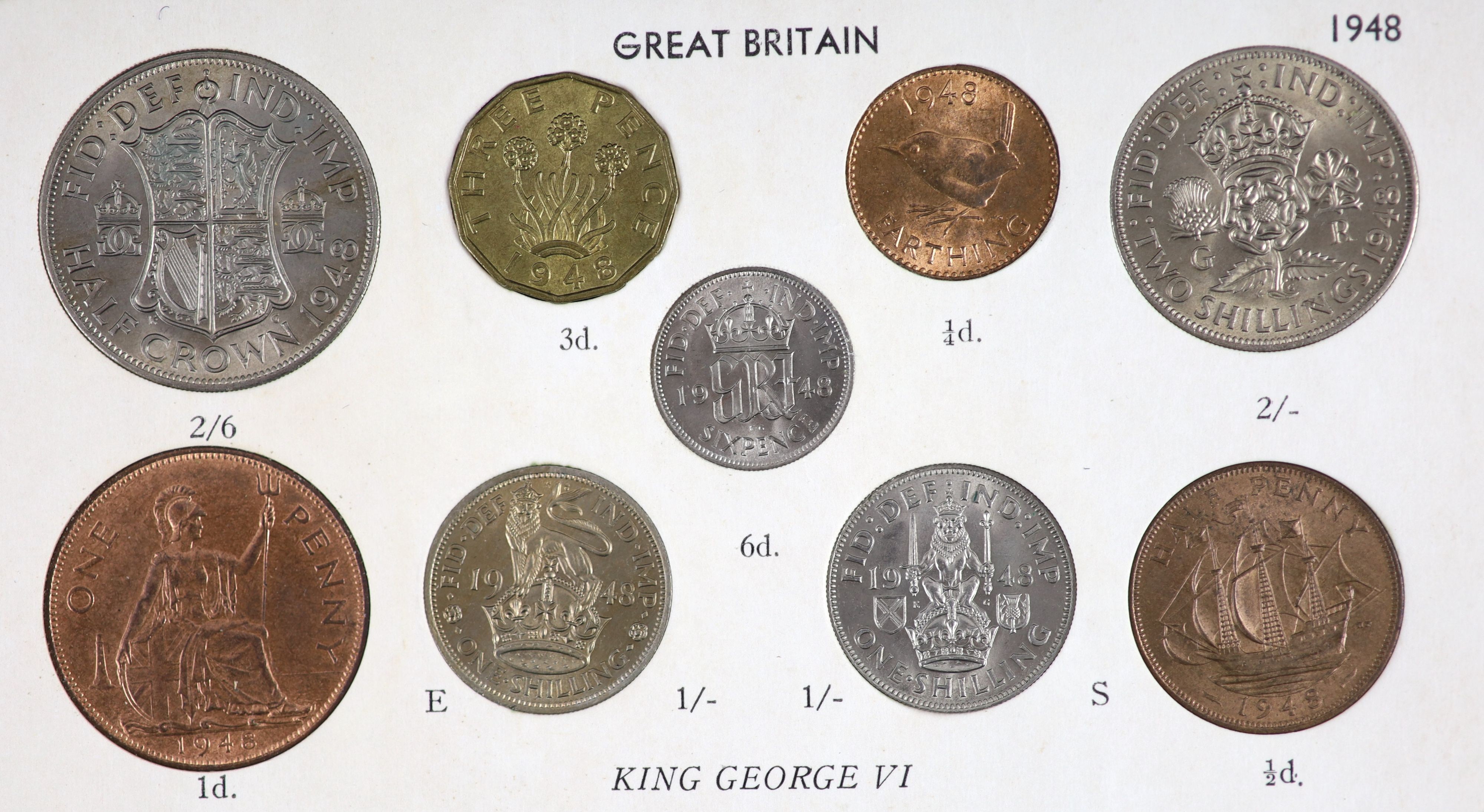 George VI specimen coin sets for 1947 and 1948, first issue, including 1948 brass threepence (S4112), good EF